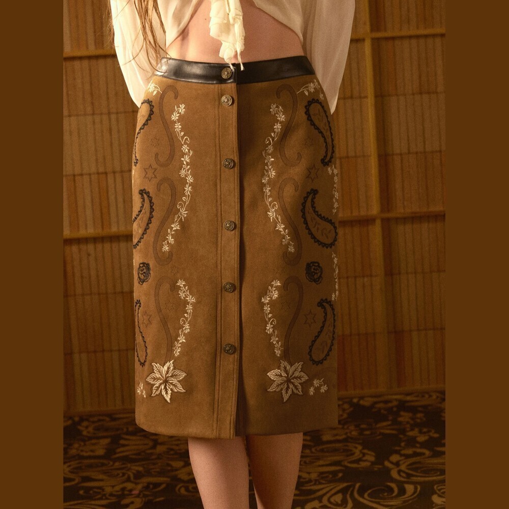 Brown / Tan Faux Suede Paisley Print Button Front Midi Skirt